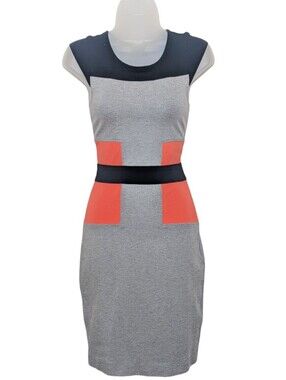 French Connection Grey Colorblock Midi Dress with Coral Accents